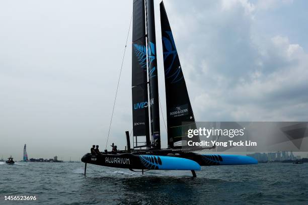 Team New Zealand, driven by Peter Burling, practices ahead of race day 2 of the Singapore Sail Grand Prix at East Coast Park on January 15, 2023 in...