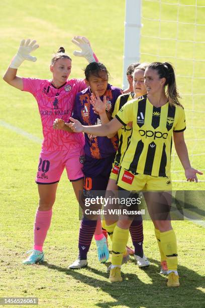 Sarah Langman of the Glory is blocked on the goal line during the round 10 A-League Women's match between Perth Glory and Wellington Phoenix at...