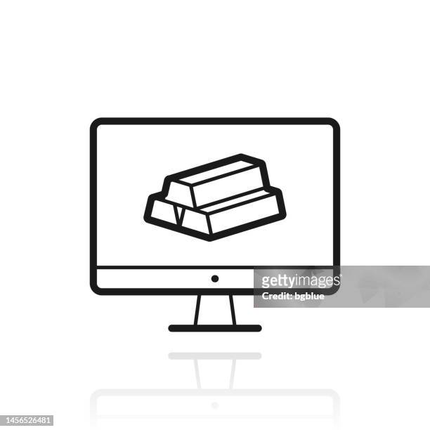 desktop-computer mit goldbarren. symbol mit reflexion auf weißem hintergrund - barren stock-grafiken, -clipart, -cartoons und -symbole