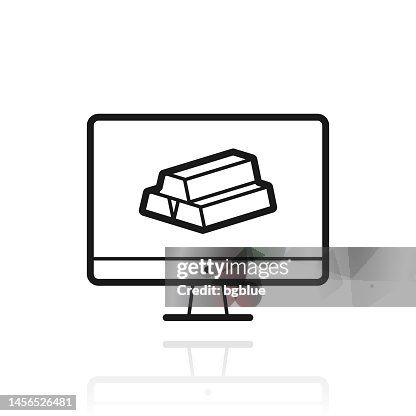 Desktop computer with gold bars. Icon with reflection on white background Desktop computer with gold bars. Icon with reflection on white background