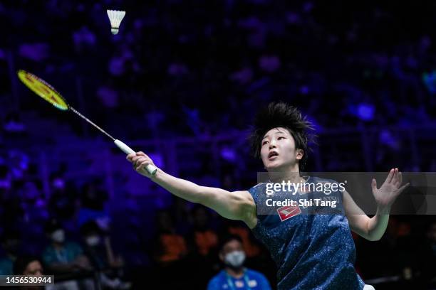 Akane Yamaguchi of Japan competes in the Women's Single Final match against An Se Young of Korea on day six of PETRONAS Malaysia Open at Axiata Arena...