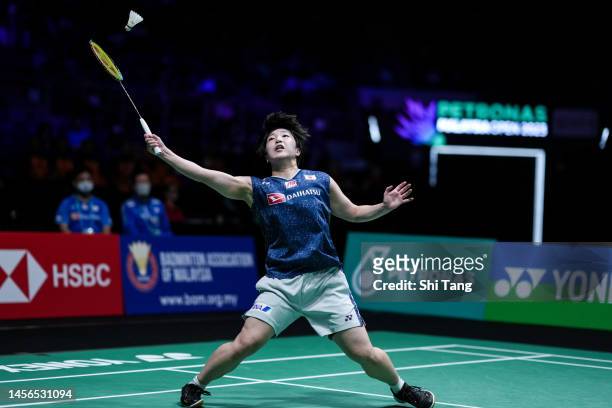 Akane Yamaguchi of Japan competes in the Women's Single Final match against An Se Young of Korea on day six of PETRONAS Malaysia Open at Axiata Arena...