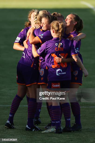 Natasha Rigby of the Glory embraces Kim Carroll after winning the round 10 A-League Women's match between Perth Glory and Wellington Phoenix at...