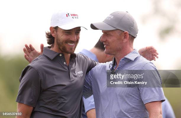Tommy Fleetwood, Captain of Great Britain & Ireland and Luke Donald, European Ryder Cup Captain react on Day Three of the Hero Cup at Abu Dhabi Golf...