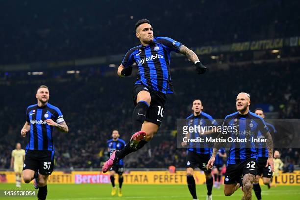 Lautaro Martinez of FC Internazionale celebrates with teammates after scoring his team's first goal during the Serie A match between FC...