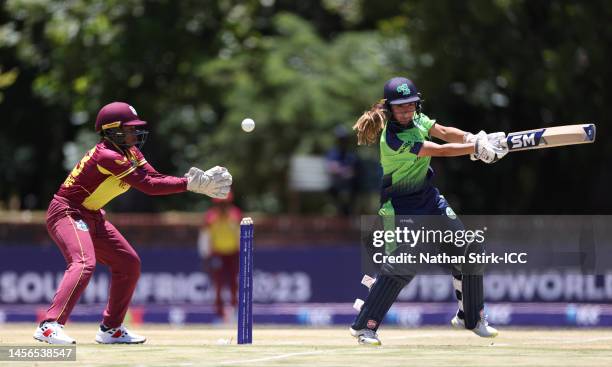 Amy Hunter of Ireland plays a shot during the ICC Women's U19 T20 World Cup 2023 match between West Indies and Ireland at North-West University Oval...