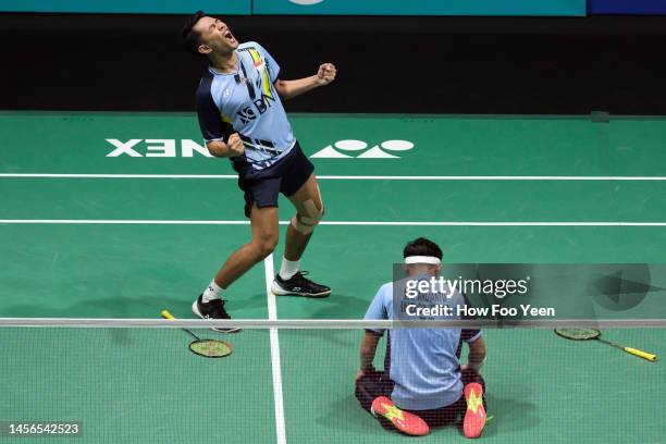 Fajar Alfian,Muhammad Rian Ardianto of Indonesia celebrates after defeating Liang Wei Keng,Wang Chang of China during the men's doubles finals on day...