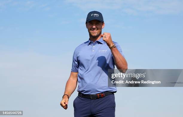 Victor Perez of Continental Europe celebrates their victory against Jordan Smith of of Great Britain & Ireland on the sixteenth hole on Day Three of...