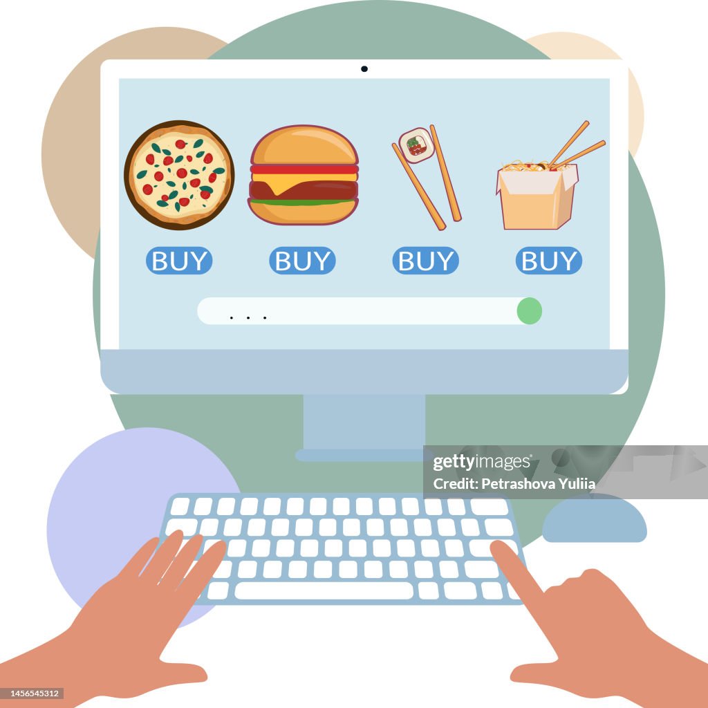 Online Ordering Screen With Menu Selection Computer With Hands With ...