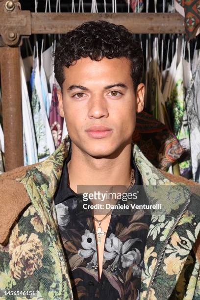 Jan Luis Castellanos is seen front row at the Etro fashion show during the Milan Menswear Fall/Winter 2023/2024 on January 15, 2023 in Milan, Italy.