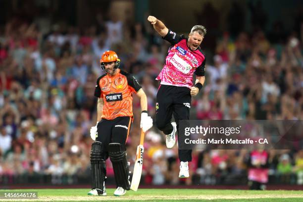 Dan Christian of the Sixers celebrates taking the wicket of Andrew Tye of the Scorchers during the Men's Big Bash League match between the Sydney...