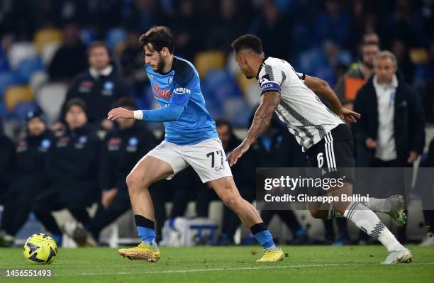 Khvicha Kvaratskhelia of SSC Napoli and Danilo Luiz da Silva of Juventus in action during the Serie A match between SSC Napoli and Juventus at Stadio...