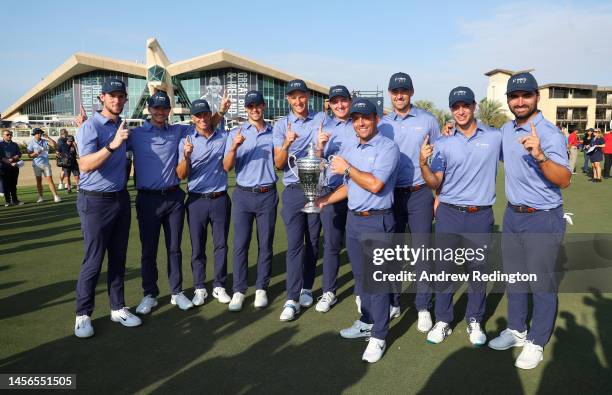 Francesco Molinari, Captain of Continental Europe holds the Hero Cup with team mates after their victory on Day Three of the Hero Cup at Abu Dhabi...