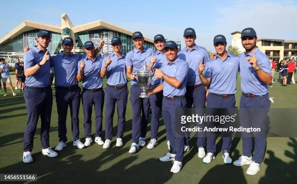 Francesco Molinari, Captain of Continental Europe holds the Hero Cup with team mates after their victory on Day Three of the Hero Cup at Abu Dhabi...