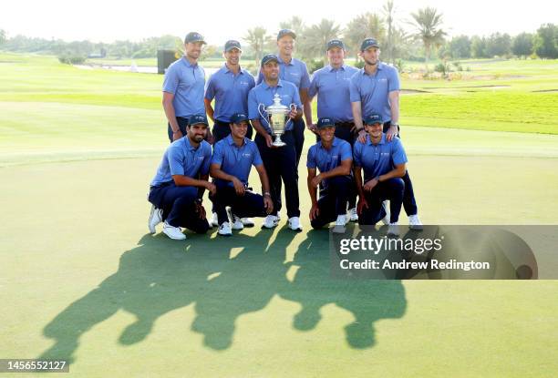 Francesco Molinari, Captain of Continental Europe holds the Hero Cup with team mates after their victory on Day Three of the Hero Cup at Abu Dhabi...