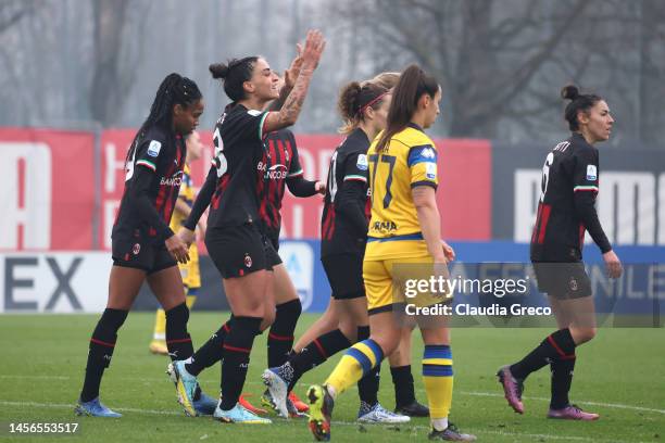 Martina Piemonte of AC Milan celebrates with team mates after scoring their first goal during the Women Serie A match between AC Milan and Parma...