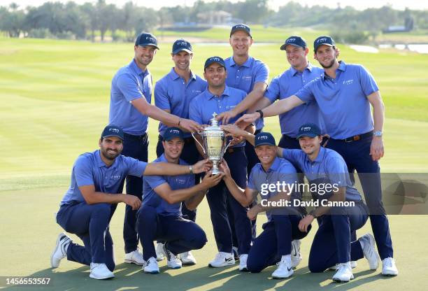 Francesco Molinari of Italy the captain of The Continent of Europe Team holds the Hero Cup trophy with his team after their 14.5 to 10.5 win over the...