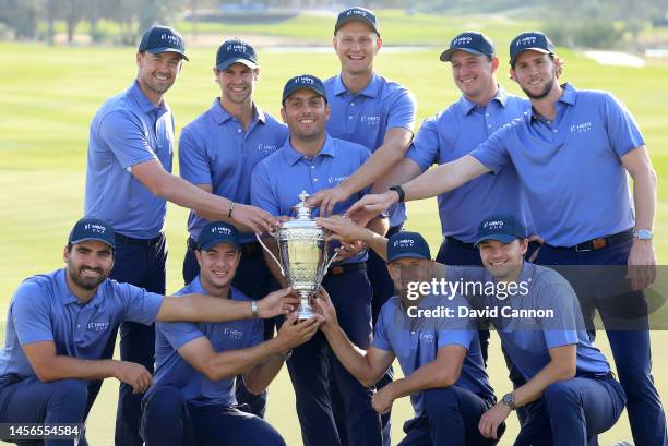 Francesco Molinari of Italy the captain of The Continent of Europe Team holds the Hero Cup trophy with his team after their 14.5 to 10.5 win over the...