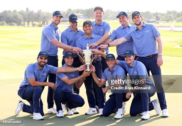 Francesco Molinari, Captain of Continental Europe holds the Hero Cup with team mates after their victory on Day Three of the Hero Cup at Abu Dhabi...