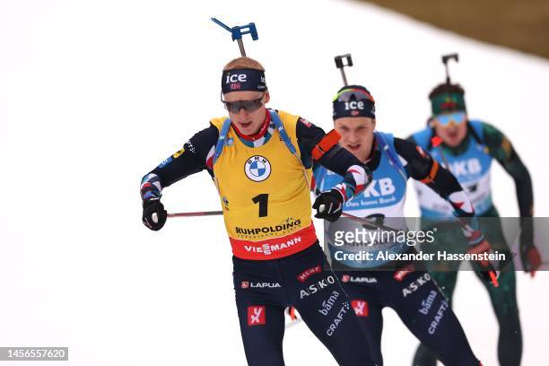 Johannes Thignes Boe of Norway competes during the Men 15 km Mass Start at Chiemgau-Arena of the BMW IBU World Cup Biathlon Ruhpolding on January 15,...