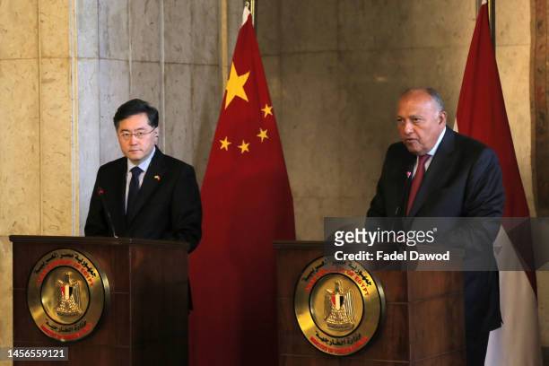 Egyptian Foreign Minister Sameh Shoukry speaks during a press conference with Chinese Foreign Minister Qin Gang on January 15, 2023 in Cairo, Egypt....