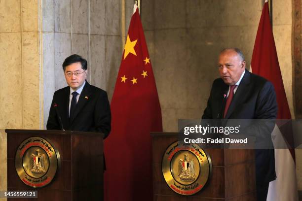 Egyptian Foreign Minister Sameh Shoukry speaks during a press conference with Chinese Foreign Minister Qin Gang on January 15, 2023 in Cairo, Egypt....