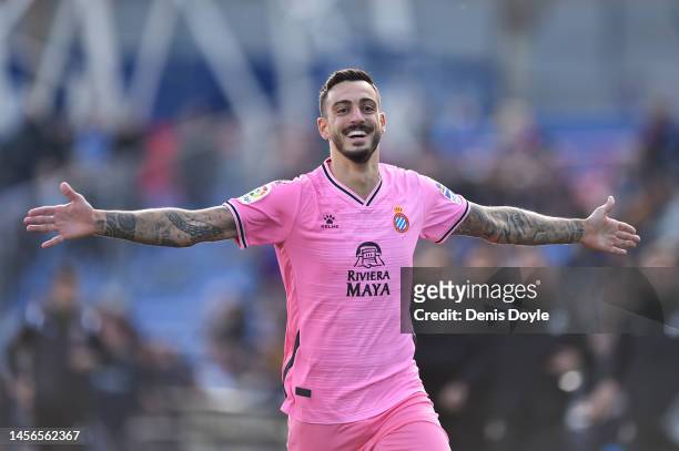 Joselu of RCD Espanyol celebrates after scoring the team's first goal during the LaLiga Santander match between Getafe CF and RCD Espanyol at...