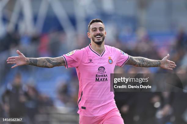 Joselu of RCD Espanyol celebrates after scoring the team's first goal during the LaLiga Santander match between Getafe CF and RCD Espanyol at...