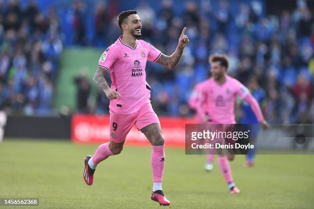 Joselu of RCD Espanyol celebrates after scoring the team's first goal during the LaLiga Santander match between Getafe CF and RCD Espanyol at...