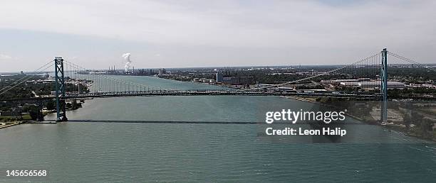 Detailed view of the Detroit - Windsor Ambassador Bridge on June 2, 2012 in Detroit, Michigan.