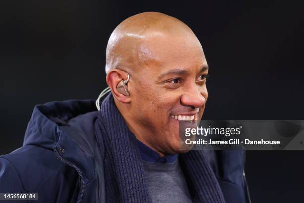 Pundit Dion Dublin prior to the Premier League match between Aston Villa and Leeds United at Villa Park on January 13, 2023 in Birmingham, England.