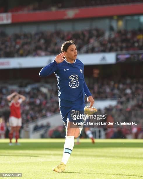 Sam Kerr of Chelsea celebrates after scoring her team's first goal during the FA Women's Super League match between Arsenal and Chelsea at Emirates...