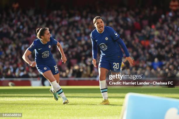 Sam Kerr of Chelsea celebrates after scoring her team's first goal during the FA Women's Super League match between Arsenal and Chelsea at Emirates...