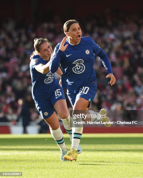 Sam Kerr of Chelsea celebrates after scoring her team's first goal during the FA Women's Super League match between Arsenal and Chelsea at Emirates...