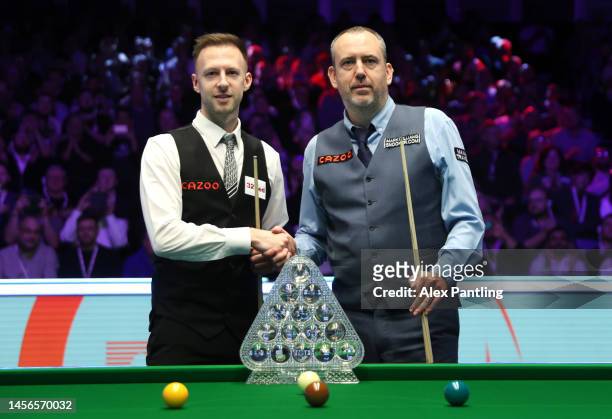 Judd Trump of England and Mark Williams of Wales pose for a photo prior to the Cazoo Masters Final at Alexandra Palace on January 15, 2023 in London,...
