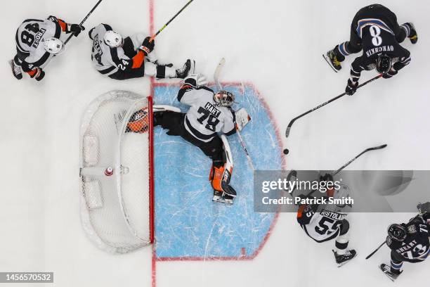 Alex Ovechkin of the Washington Capitals scores a goal on Carter Hart of the Philadelphia Flyers during the first period at Capital One Arena on...