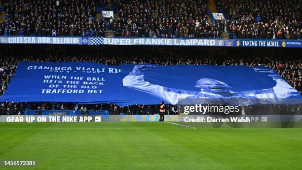 Chelsea FC fans unveil a tifo of former Chelsea player Gianluca Vialli, prior to the Premier League match between Chelsea FC and Crystal Palace at...