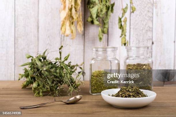 kräutertee oder getrocknete kräuter oder medizin in gläsern mit löffel - kräuter stock-fotos und bilder