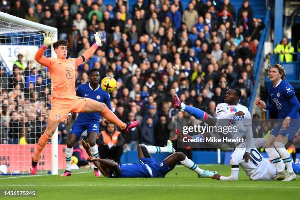 Tyrick Mitchell of Crystal Palace has his shot saved by Kepa Arrizabalaga of Chelsea during the Premier League match between Chelsea FC and Crystal...