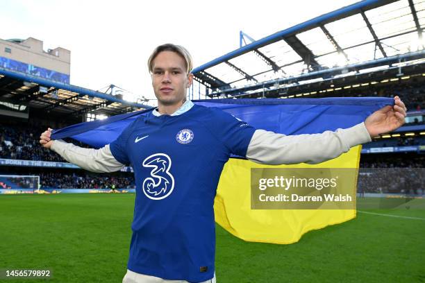 New Chelsea FC signing, Mykhaylo Mudryk is introduced to the fans on the pitch at half time during the Premier League match between Chelsea FC and...