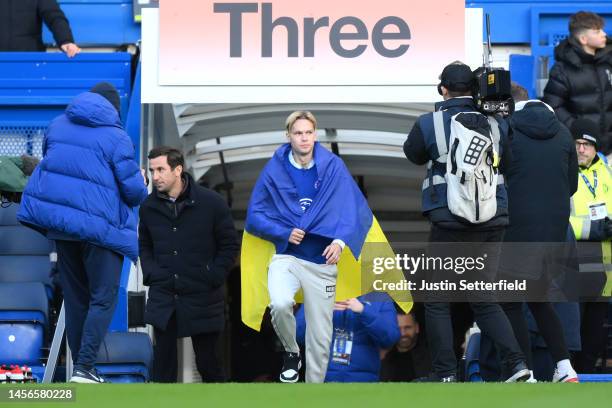 New Chelsea FC signing, Mykhaylo Mudryk is introduced to the fans on the pitch at half time during the Premier League match between Chelsea FC and...