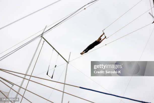 空を飛ぶ成熟した空中ブランコアーティスト - trapeze ストックフォトと画像