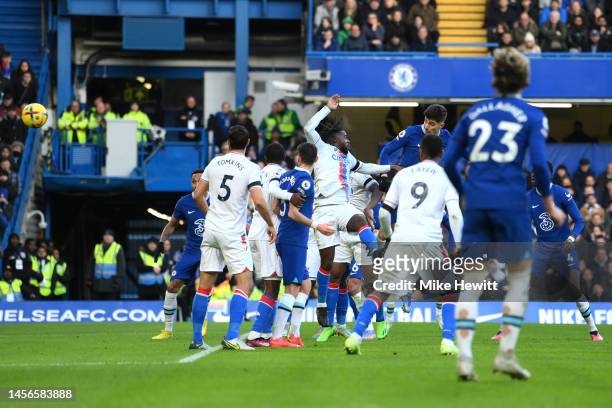 Kai Havertz of Chelsea scores the team's first goal during the Premier League match between Chelsea FC and Crystal Palace at Stamford Bridge on...