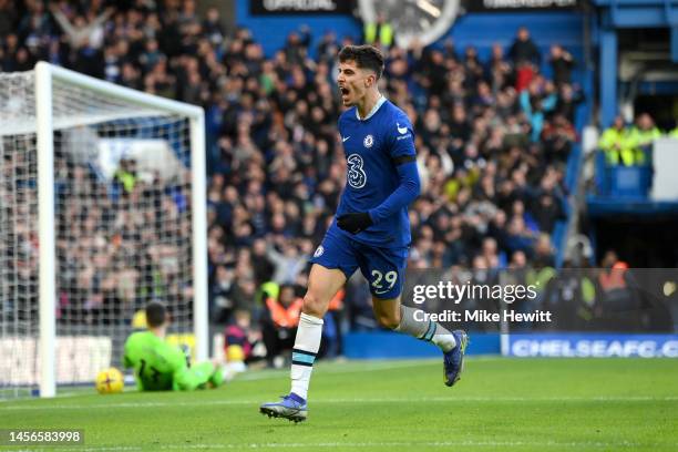 Kai Havertz of Chelsea celebrates after scoring the team's first goal during the Premier League match between Chelsea FC and Crystal Palace at...