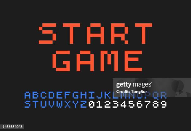 start game font pixel style - alphabet and numbers - pixel art stock illustrations