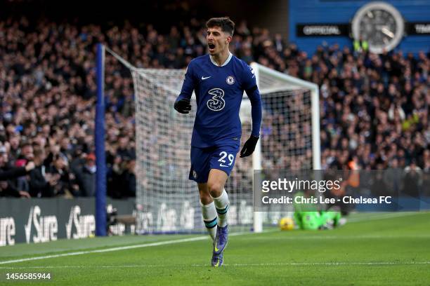 Kai Havertz of Chelsea celebrates after scoring the team's first goal during the Premier League match between Chelsea FC and Crystal Palace at...