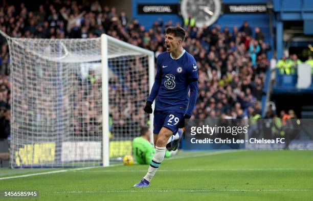 Kai Havertz of Chelsea celebrates after scoring the team's first goal during the Premier League match between Chelsea FC and Crystal Palace at...