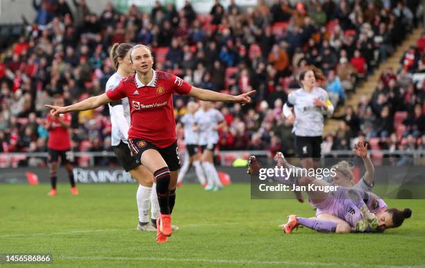 Martha Thomas of Manchester United celebrates after scoring the team's fifth goal during the FA Women's Super League match between Manchester United...