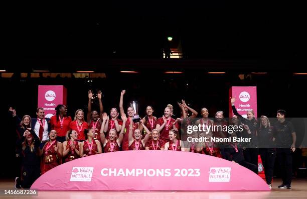 The Vitality Roses lift the Trophy after their victory during the Vitality Netball International Series match between England and Jamaica at Copper...