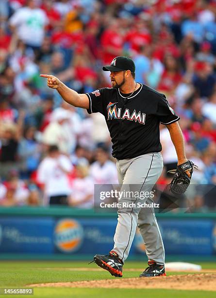 Heath Bell of the Miami Marlins reacts after getting a save against the Philadelphia Phillies in a MLB baseball game on June 2, 2012 at Citizens Bank...